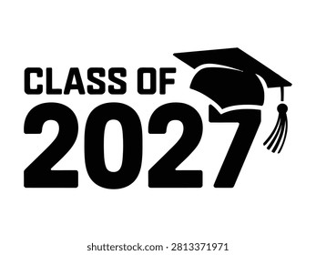 Bold black typography Class of 2027 features a graduation cap icon on a clean transparent background