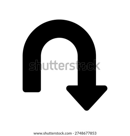 A bold, black U-shaped arrow pointing downwards against a clean white background, symbolizing direction or download.
