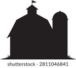 Bold black vector barn with gambrel roof, cupola, weathervane flag, and rounded silo, set above tufted grass, drawn in clean silhouette style. Crisp negative space defines classic farm architecture and rural heritage. Perfect for agriculture brands, country logos, farmers markets, real estate signs, stickers, apparel, and lifestyle products needing a timeless, versatile farmstead mark with scalable design.