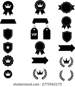 A bold black vector collection of 15 premium award, royalty, and VIP icons. The set includes rosettes with crowns, shields, laurel wreaths, banners, tags (VIP), and elegant medal designs. Clean, modern flat silhouette style. Perfect for awards, competitions, VIP events, luxury branding, certificates, business recognition, gamification, and motivational projects. Fully scalable on white background.