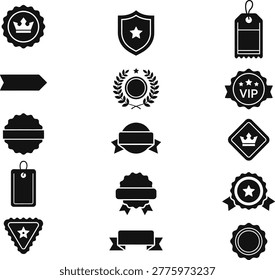 A bold black vector collection of 15 premium award, badge, and recognition icons. The set includes crown rosettes, star shields, VIP tags, laurel wreaths, banners, triangular badges, and elegant medal designs. Clean, modern flat silhouette style. Perfect for competitions, VIP events, certificates, business recognition, loyalty programs, education awards, gamification, and motivational branding projects. Fully scalable on white background.