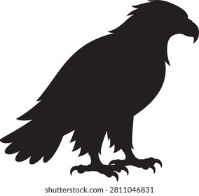 Bold black vector eagle in stern side profile with hooked beak, ruffled head feathers, broad wings, and taloned feet, drawn in clean silhouette style. Crisp negative space defines strength, vigilance, and patriotic power. Perfect for military emblems, sports logos, patriotic brands, school mascots, stickers, apparel, and lifestyle products needing a commanding, versatile bird mark with scalable design.