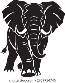 Bold black vector elephant charging forward with trunk curled and tusks raised, drawn in sharp minimalist silhouette style. Strong legs, large ears, and white accent lines define power and momentum with clean negative space. Perfect for safari brands, wildlife conservation logos, sports mascots, stickers, apparel, and lifestyle products needing a commanding, versatile pachyderm mark with scalable design.