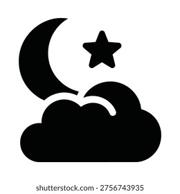 Bold black vector graphic depicting a crescent moon, star, and cloud. Ideal for representing themes of night, dreams, or weather services. Simple, iconic design.