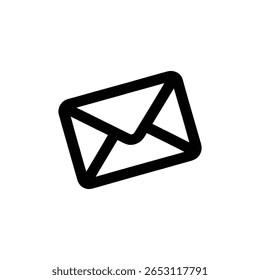 Um gráfico vetorial preto em negrito isolado em um plano de fundo branco. Esta imagem apresenta uma ilustração angular simples de um ícone de envelope clássico, ligeiramente inclinado.