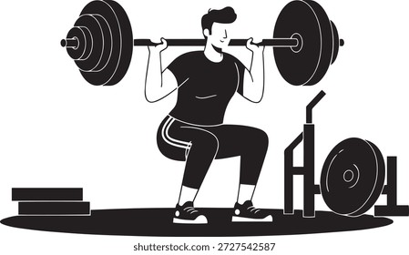 Una Ilustración vectorial negra audaz de un atleta que realiza un ejercicio de sentadilla con barra. El estilo de silueta limpia destaca los conceptos de entrenamiento de fuerza y fitness.