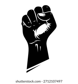 Una audaz Ilustración vectorial negra de un puño cerrado levantado en el aire, transmitiendo fuertes mensajes de protesta, resistencia, solidaridad, empoderamiento y unidad.