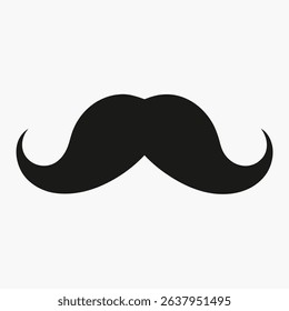A bold black vector illustration presents a classic, stylish curled mustache isolated against a pristine white background.