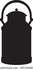 Bold black vector milk can with domed lid, knob finial, and arched carrying handle, drawn in clean silhouette style. Crisp negative space defines the vintage dairy form and rustic heritage. Conveys freshness, farmstead quality, and nostalgia. Perfect for creamery brands, farmers market logos, country kitchen decor, packaging labels, stickers, apparel, and lifestyle products needing a timeless, versatile dairy mark with scalable design.