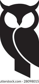 Bold black vector owl in stylized frontal pose with large round eyes, curved body, and clean geometric form, drawn in minimalist silhouette style. Crisp negative space defines facial discs and wing shape for instant recognition. Conveys wisdom, mystery, and nocturnal calm. Perfect for education brands, publishing logos, nighttime products, stickers, apparel, and lifestyle brands needing a wise, versatile avian mark with scalable design.
