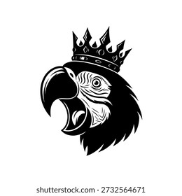 Uma cabeça de papagaio vetorial preto ousado com mascote de bico aberto usando coroa. Uma silhueta papagaio Cabeças ilustração vetorial