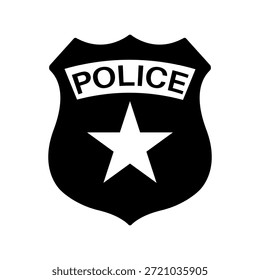 Fette schwarze Vektorsilhouette eines klassischen Polizeischild-Abzeichens mit einem prominenten Stern und "POLICE" Banner Umriss.