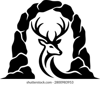 Bold black vector silhouette of a majestic stag framed by a rugged stone archway symbolizing strength and wilderness exploration for outdoors brands.