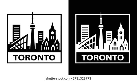 Silhueta de vetor preto ousado do horizonte icônico de Toronto com a proeminente Torre CN, edifícios altos. Excelente para cartazes de viagens canadenses, gráficos urbanos, logotipos e projetos com tema de cidade minimalista.