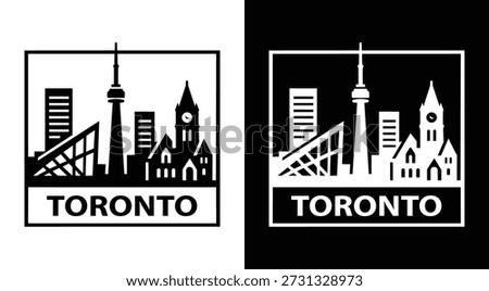 Bold black vector silhouette of Toronto's iconic skyline featuring the prominent CN Tower, high-rise buildings. Great for Canadian travel posters, urban graphics, logos, and minimalist city-themed designs.