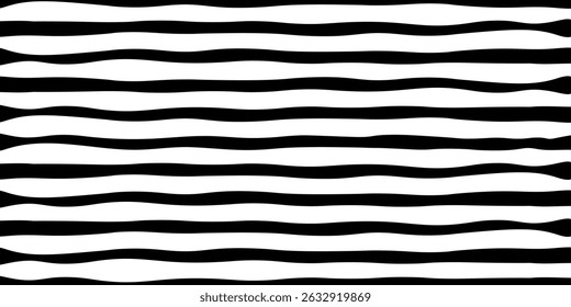 Bold black wavy horizontal stripes on a white background, creating a striking and modern monochrome pattern design. Vector illustration