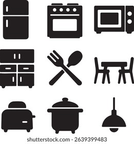 A bold black and white 3x3 grid of kitchen and dining silhouettes, including a refrigerator, stove, microwave, cupboard, cutlery, dining table, and more.