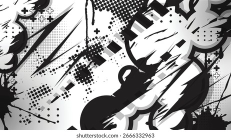 Bold black and white abstract background with halftone dots, grunge splashes, and dynamic shapes. Perfect for street art, posters, and modern graphic design.