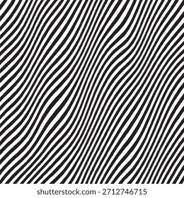 A bold black and white abstract background featuring continuous wavy stripes arranged in a fluid, rhythmic pattern. The optical line texture creates movement and visual depth, producing a modern.