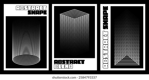 Bold black and white abstract geometric posters featuring blended lines and shapes that create depth and illusion. The composition consists line circles, squares and triangles. Vector  illustration