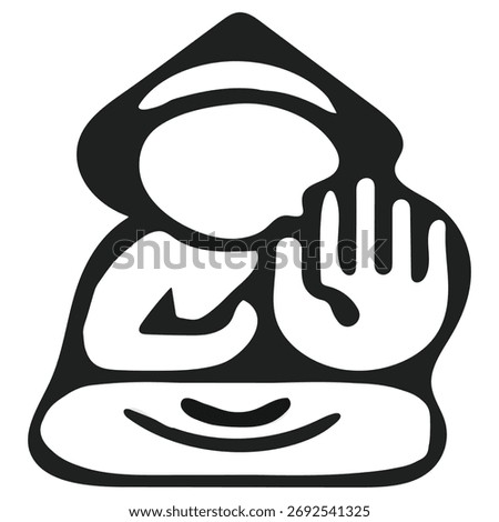 A bold black and white abstract icon of a figure in a meditative pose wearing a hood, making the Abhayamudra (fearlessness) hand gesture.