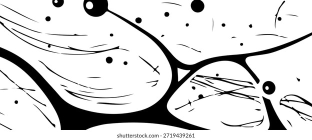 Bold black and white abstract ink composition with organic flowing shapes, splatters, and dynamic lines, creating a high-contrast artistic background inspired by liquid and brush strokes.