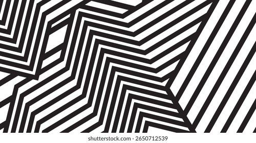 Bold black and white abstract pattern features angular geometric shapes and dynamic linear stripes forming an edgy visual texture that captures attention with its modern design