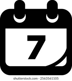 Bold black and white calendar icon displaying the number seven, ideal for illustrating important dates, planning events, or digital applications. Perfect for business presentations and organizational 