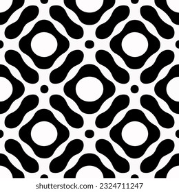 Bold black and white circles form an op art spectacle, reminiscent of aizome and voronoi pattern. The dynamic design captures attention with its captivating visual impact.