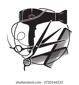 Bold black and white circular barber illustration featuring hair dryer, scissors, and comb arranged as a modern grooming and hairstyling concept.