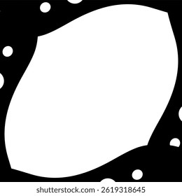 a bold black and white contrast, featuring a large wavy white space at the center, surrounded by irregular black borders filled with scattered white circles.