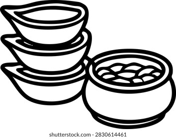 Bold black and white Deepavali and Diwali Festival of Lights line art of stacked Unlit Diyas Beside a Wick Bowl, presented in low tabletop corner view with three complete stacked lamps..