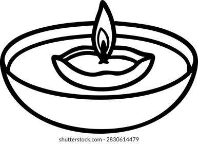 Bold black and white Deepavali and Diwali Festival of Lights line art of leaf-Cup Diya Floating on a Water Bowl, presented in waterline side view with one complete leaf cup inside a shallow.