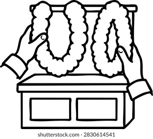 Bold black and white Deepavali and Diwali Festival of Lights line art of flower Vendor Arranging Garland Loops, presented in counter-corner view with two full cuffed hands and compact stall..