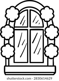 Bold black and white Deepavali and Diwali Festival of Lights line art of marigold Garland Looping Around a Rounded Window, presented in exterior three-quarter view with the complete frame and.