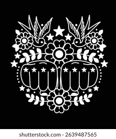 Bold black and white design of fists with floral and star elements, inspired by tattoo art.