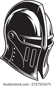 Dibujo en blanco y negro de un casco de caballero medieval con aberturas de visera de Vertical y lados remachados. Ideal para armaduras históricas, caballerosidad o obras de arte de fantasía.
