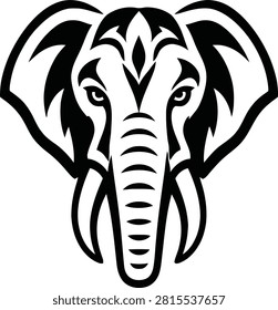 Bold black and white elephant head logo featuring front-facing elephant face with strong geometric details, large ears, tusks and ornamental forehead pattern. Minimalist tribal elephant emblem with fierce expression on white background. Perfect for luxury brand, wildlife logo, sports mascot, strength badge, safari emblem and apparel design.