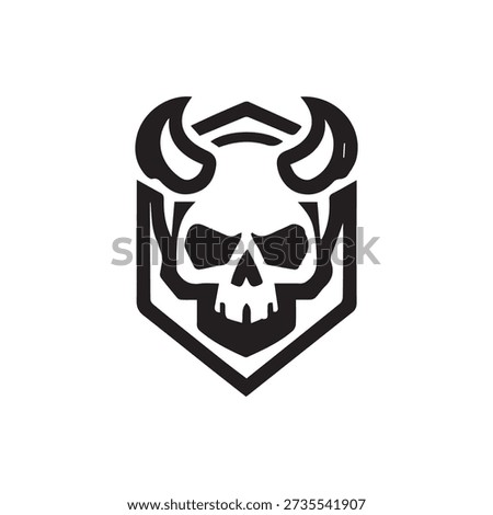 Bold black and white emblem featuring a skull with menacing horns inside a shield shape. Symbol of power and danger.