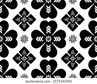 A Bold black and white floral pattern featuring hearts and geometric shapes, creating striking visual effect. Perfect for textiles, wallpapers, and modern design projects