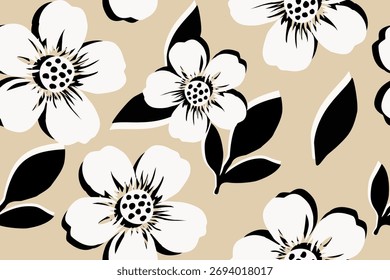 Patrón floral en blanco y negro sobre un fondo beige, con flores y hojas Grandes en flor, perfecto para la tela moderna, el Fondo de pantalla y el diseño de moda.