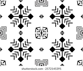 A Bold black and white geometric pattern featuring snowflake shapes and intricate designs, perfect for modern decor or textile applications