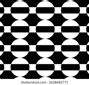 Bold Black and White Geometric Pattern with Half Circles and Horizontal Stripes in Seamless Repeat Design