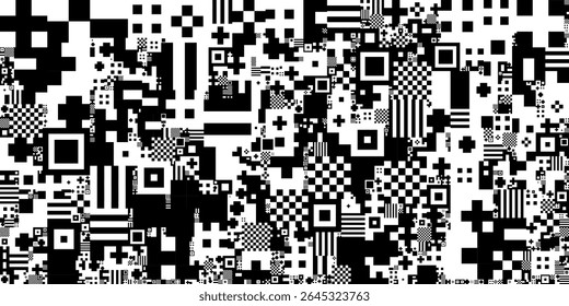 Um padrão geométrico preto e branco arrojado com uma mistura caótica de quadrados, retângulos e desenhos quadriculados, perfeito para a arte moderna, gráficos digitais ou fundos abstratos.
