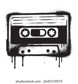 bold black and white graffiti illustration of a vintage audio cassette tape, created with spray brush technique and realistic dripping paint effect.