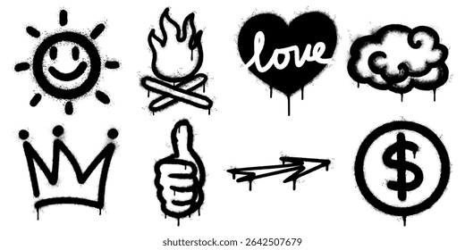 bold black and white graffiti style icon set featuring eight unique spray-painted symbols, including a smiley sun, campfire, heart with love, cloud, crown, thumbs up, double arrows, and dollar sign.