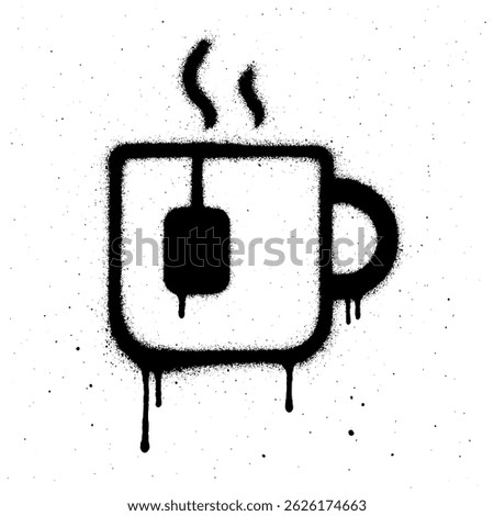 bold black and white graffiti style illustration of a tea mug with a teabag and steam rising, created with spray paint effects.