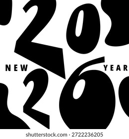 Negrito gráfico preto e branco anunciando o ano novo 2026 com formas abstratas dinâmicas em torno dos números e as palavras Ano Novo transmitindo um sentimento comemorativo moderno para a próxima temporada.