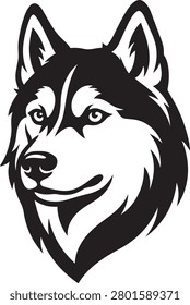 Bold black and white graphic head portrait of a Siberian husky dog