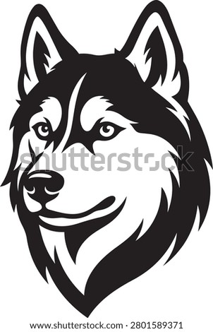 Bold black and white graphic head portrait of a Siberian husky dog